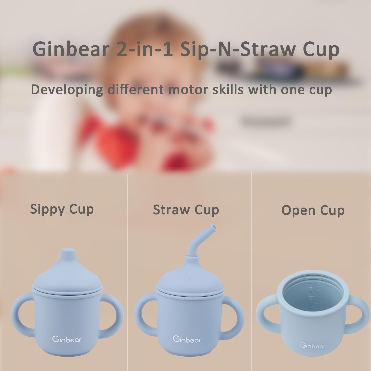 Ginbear Vaso de transición 2 en 1 para bebé, a prueba de derrames, con pajilla, taza de silicona para bebé con asas, tazas pequeñas de entrenamiento