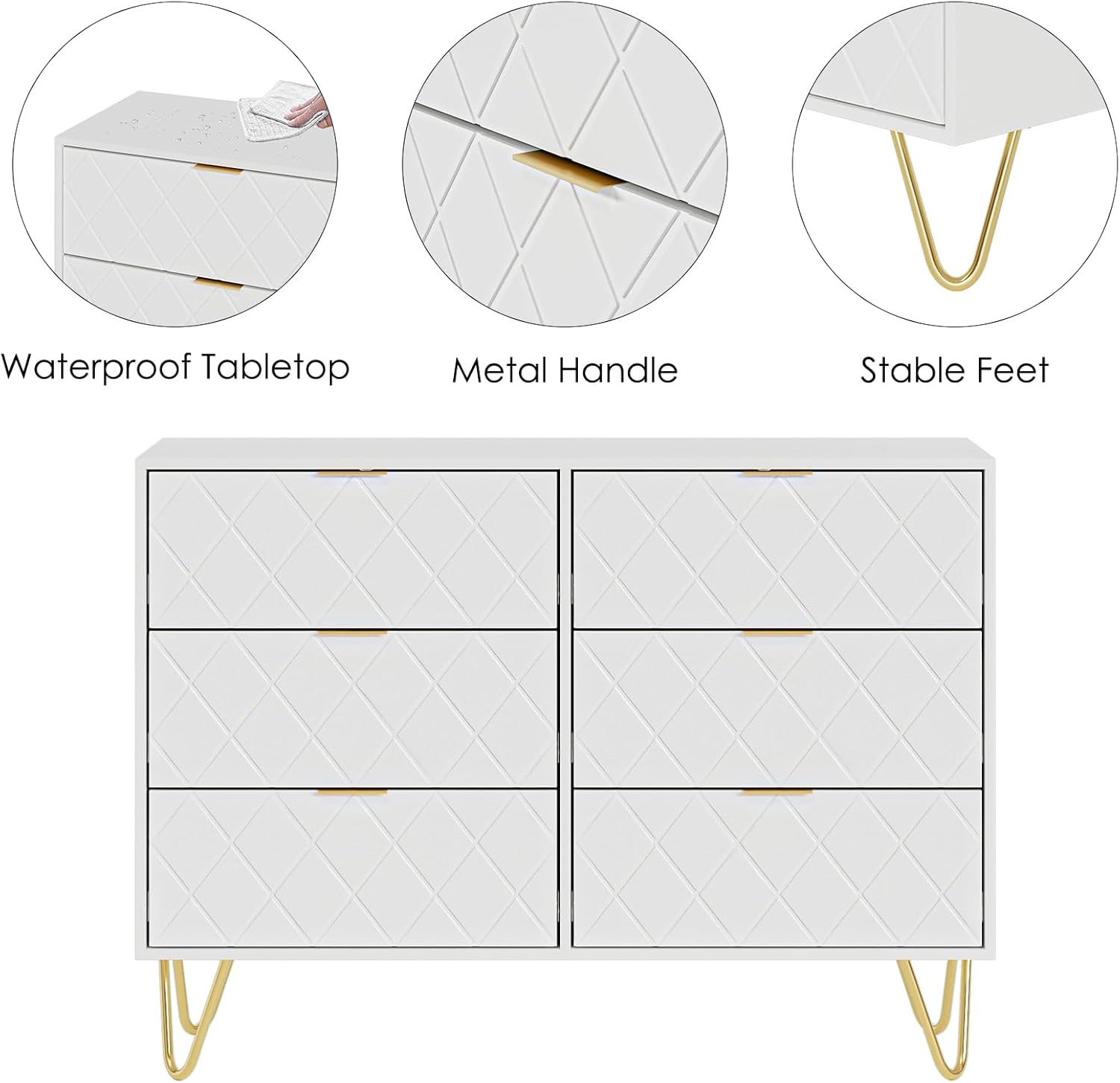 Masupu Cómoda de 6 cajones, moderna cajonera, cómoda de almacenamiento ancha con patas de metal, cómoda para dormitorio, sala de estar, armario,