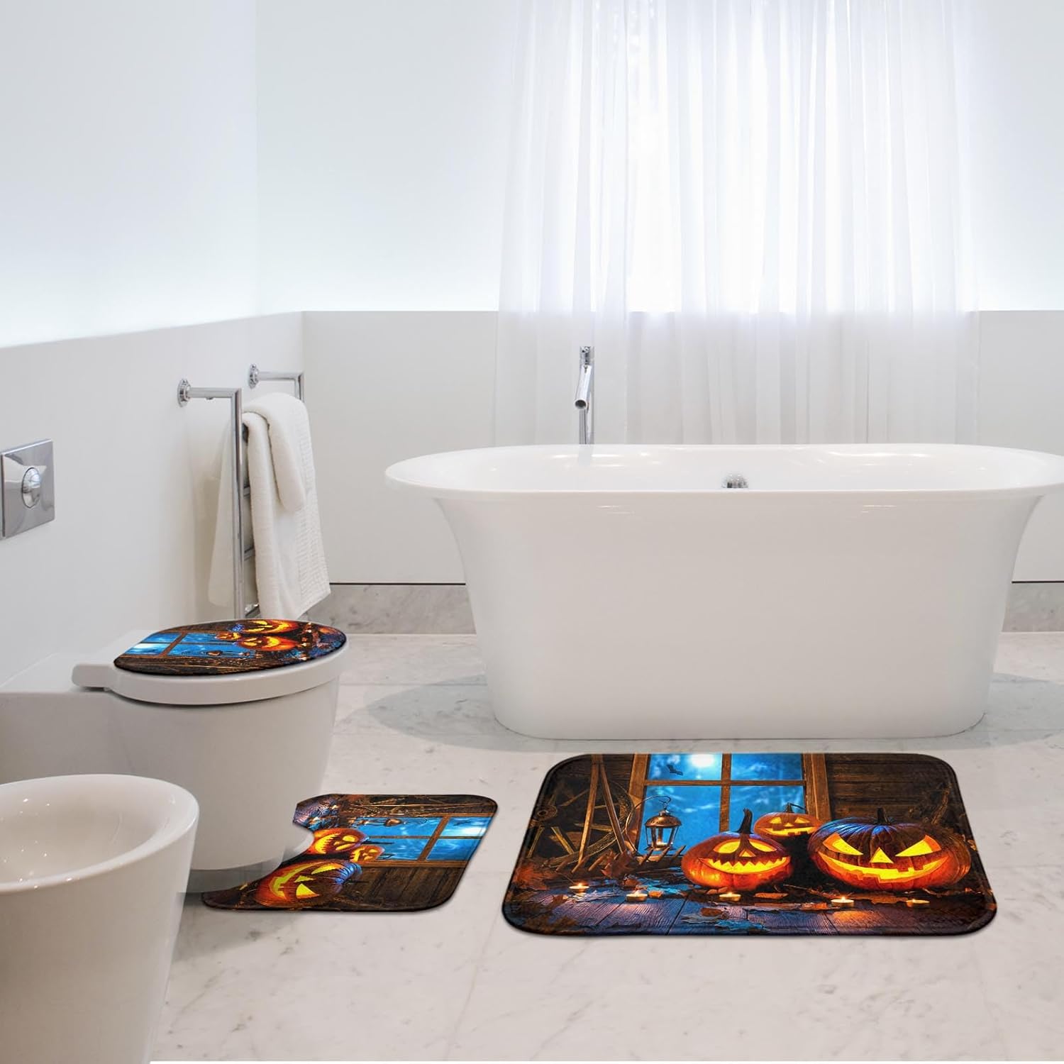 Juego de 3 alfombras y tapetes de baño de calabazas de Halloween, tapetes de baño de terror espeluznante antideslizantes, tapete de baño de espuma