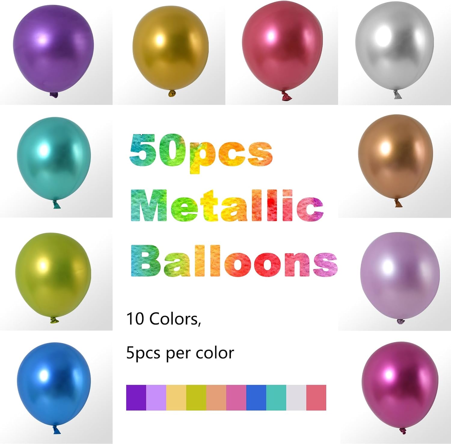 RUBFAC 50 globos metálicos, globos cromados multicolores de 12 pulgadas y cinta, 10 globos de látex gruesos de colores surtidos para cumpleaños,