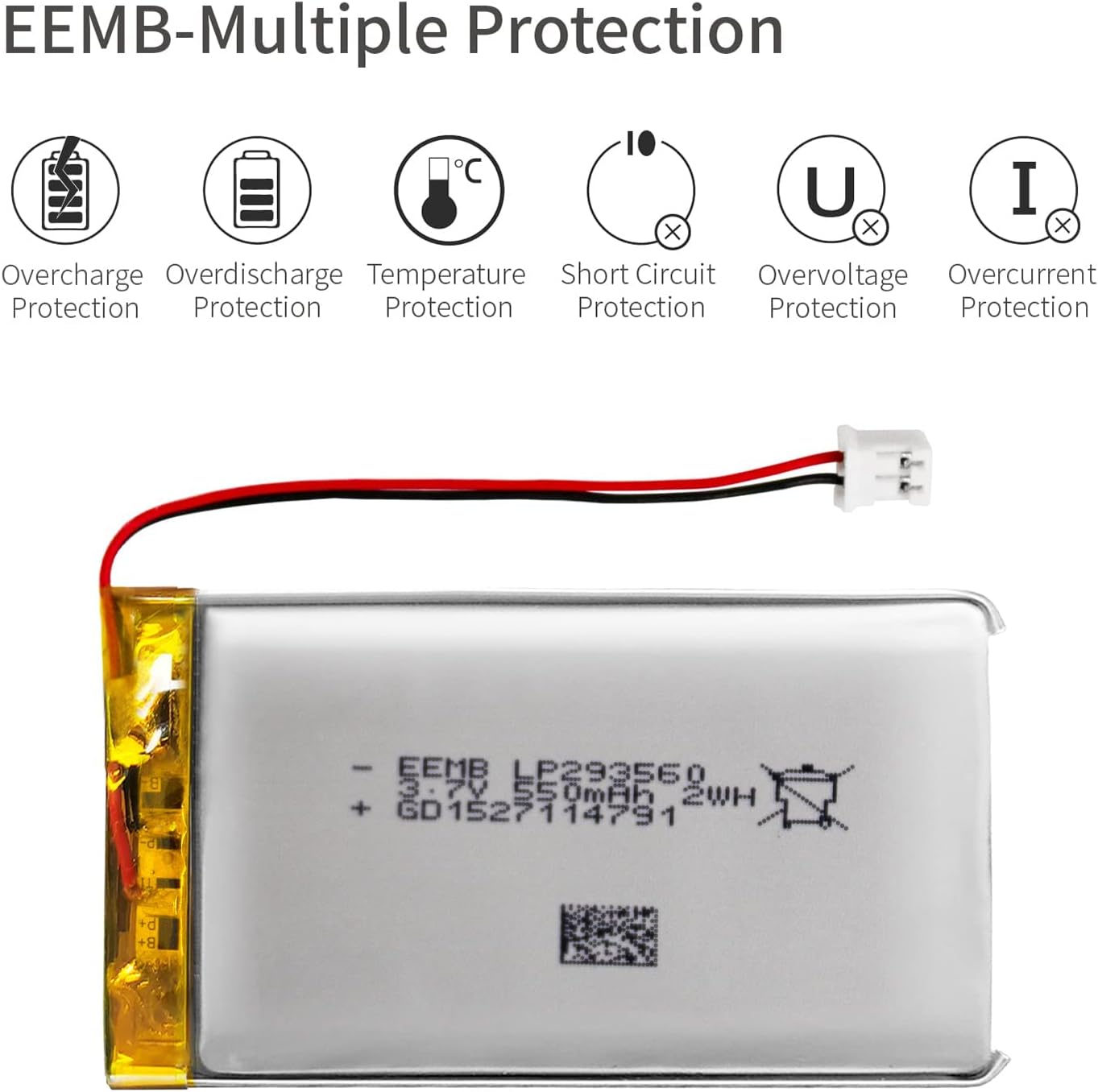 EEMB Batería de polímero de litio 3.7V 550mAh 293560 Lipo Batería recargable con conector JST de cable para altavoz y dispositivo inalámbrico