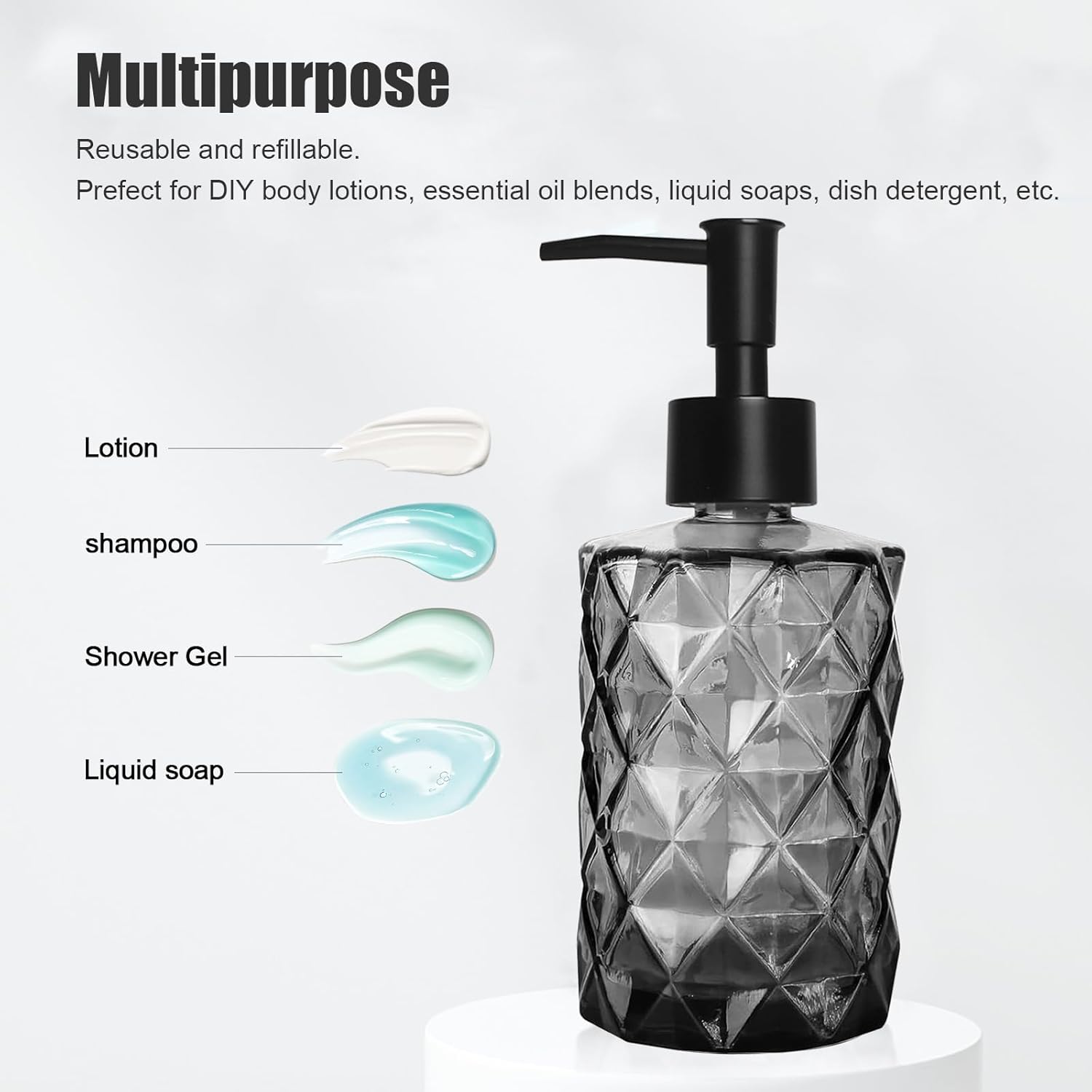 Dispensador de jabón de vidrio negro de 11 onzas, paquete de 2 dispensadores de jabón para manos y platos para cocina, dispensadores de botellas de