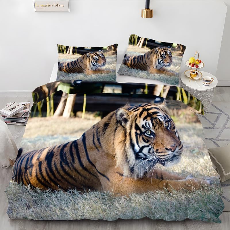Light Khaki Animal Duvet Cover Queen Tiger Print Bedding Sets Queen Soft Microfiber Comforter Cover and 2 Pillow Shams 20″X26″, Bed Set Duvet Covers