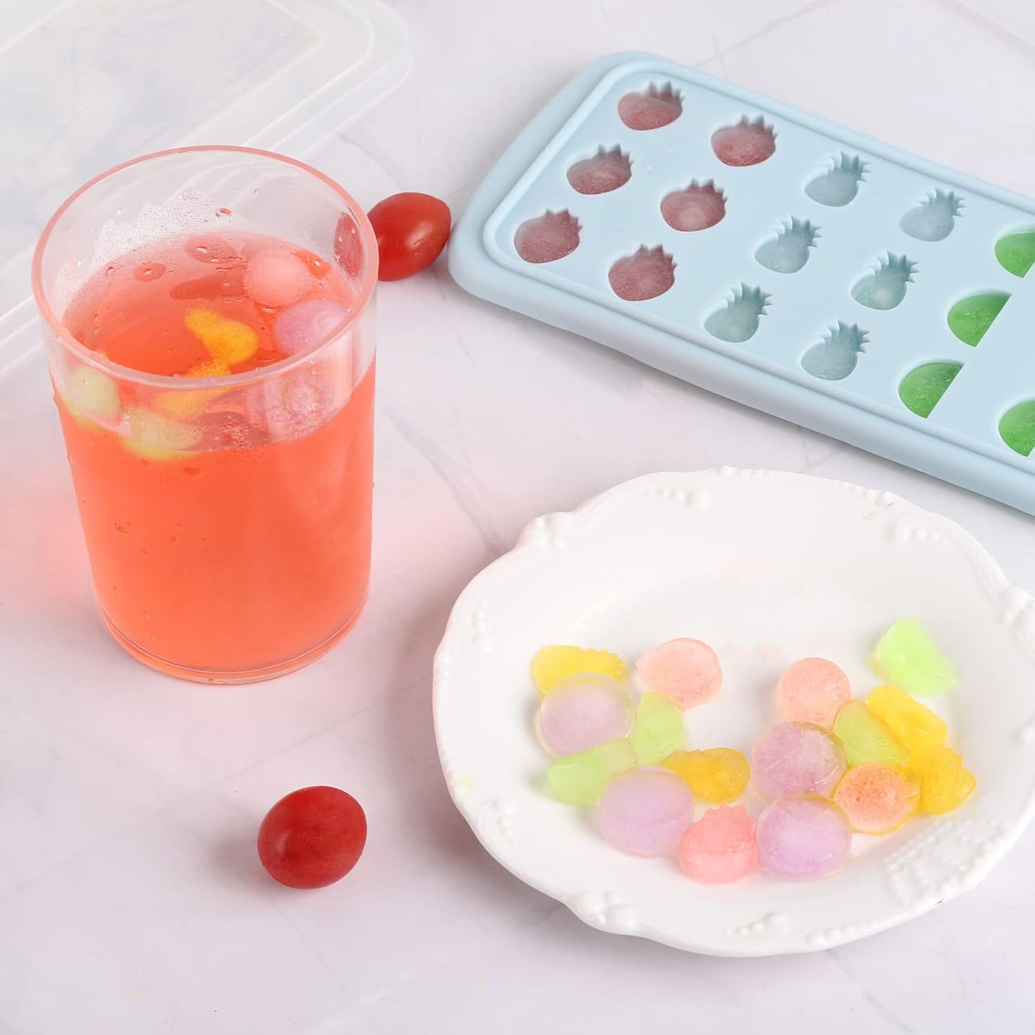 Moldes de silicona en forma de fruta con gotero de líquido, bandejas de hielo de fácil liberación con tapa, 24 cavidades para cubitos de hielo,