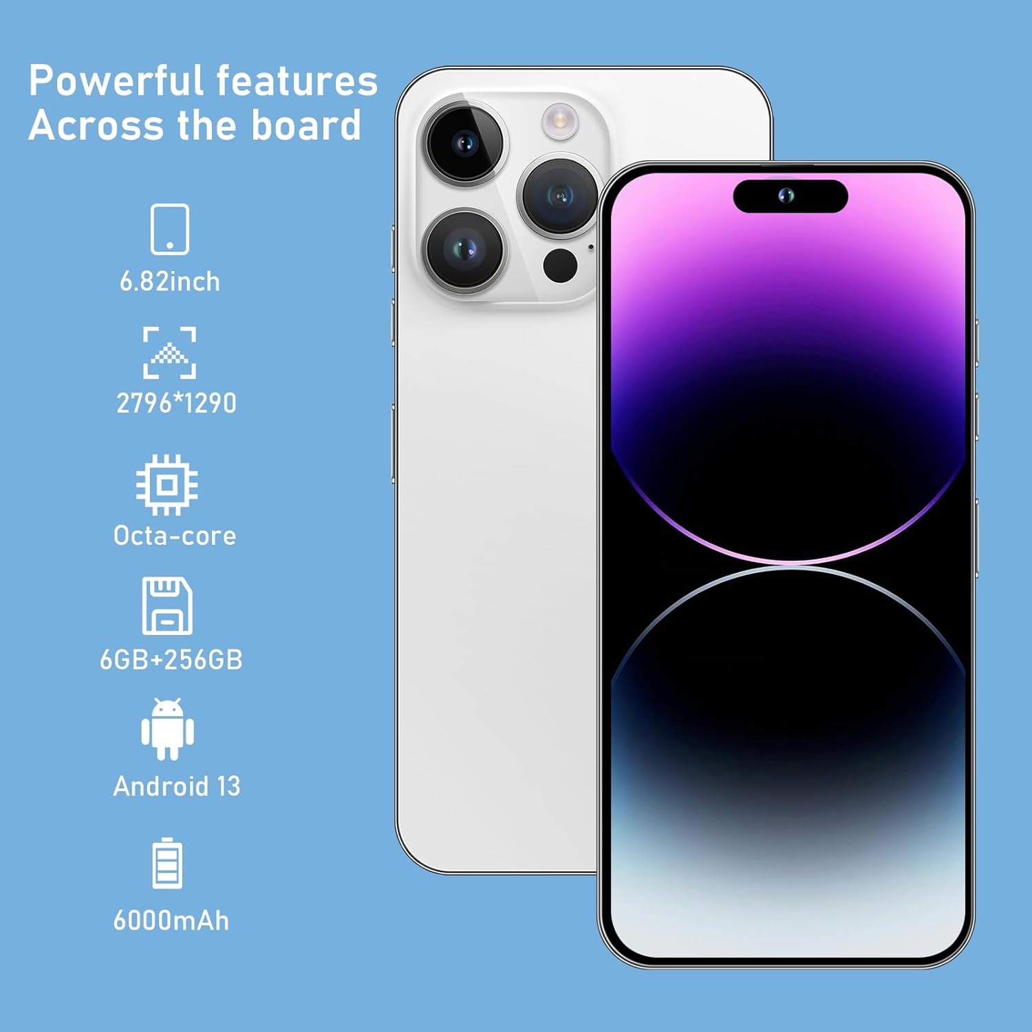A14pro Max teléfono desbloqueado, 6+256GB Android 13.0 Smartphone, pantalla HD de 6.82 pulgadas, doble SIM, doble modo de espera, batería de 6000