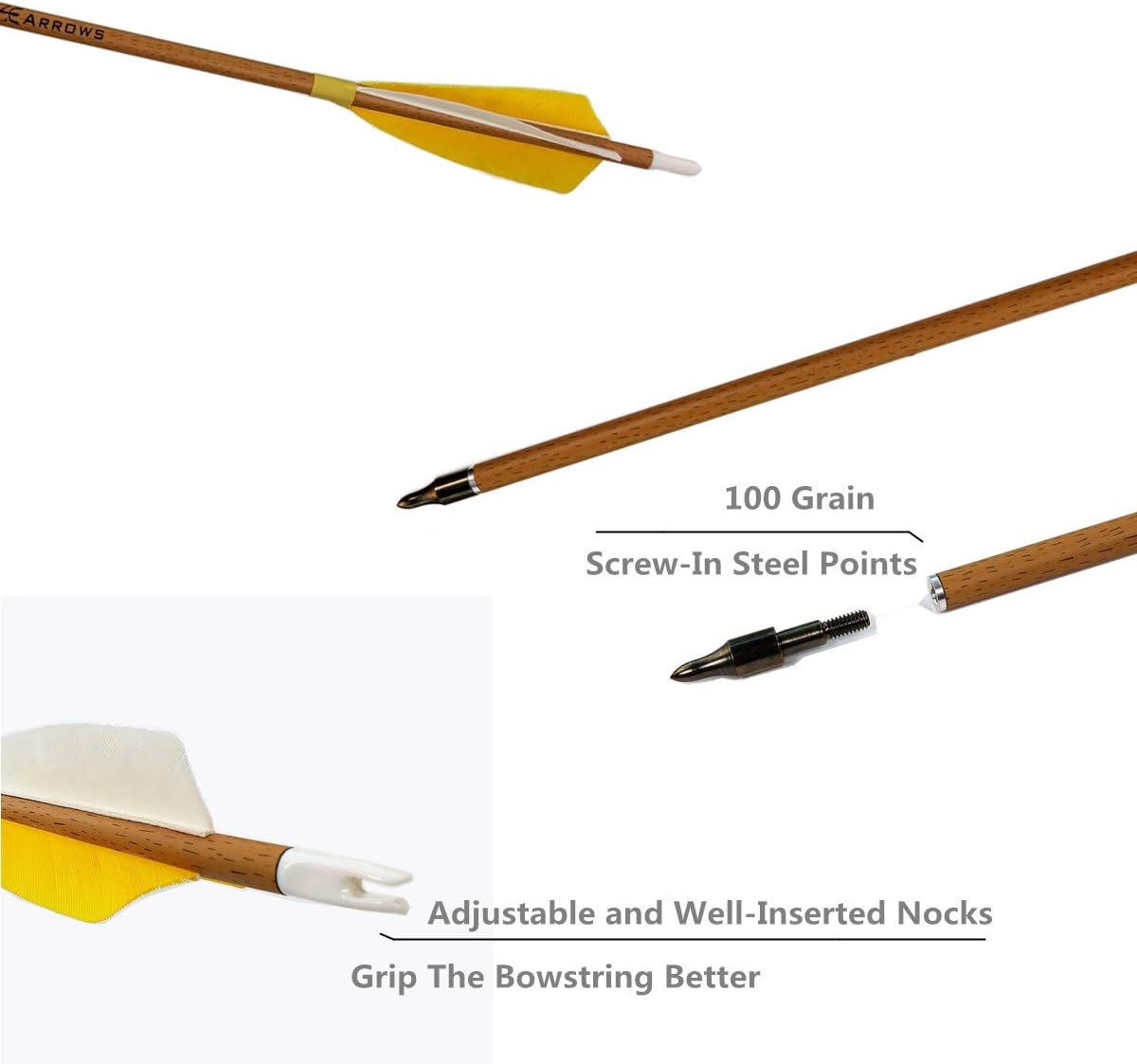 Archery – Flechas de carbono 500 columna vertebral con plumas helicoidales reales y puntas extraíbles para arco recurvo compuesto (paquete de 6)