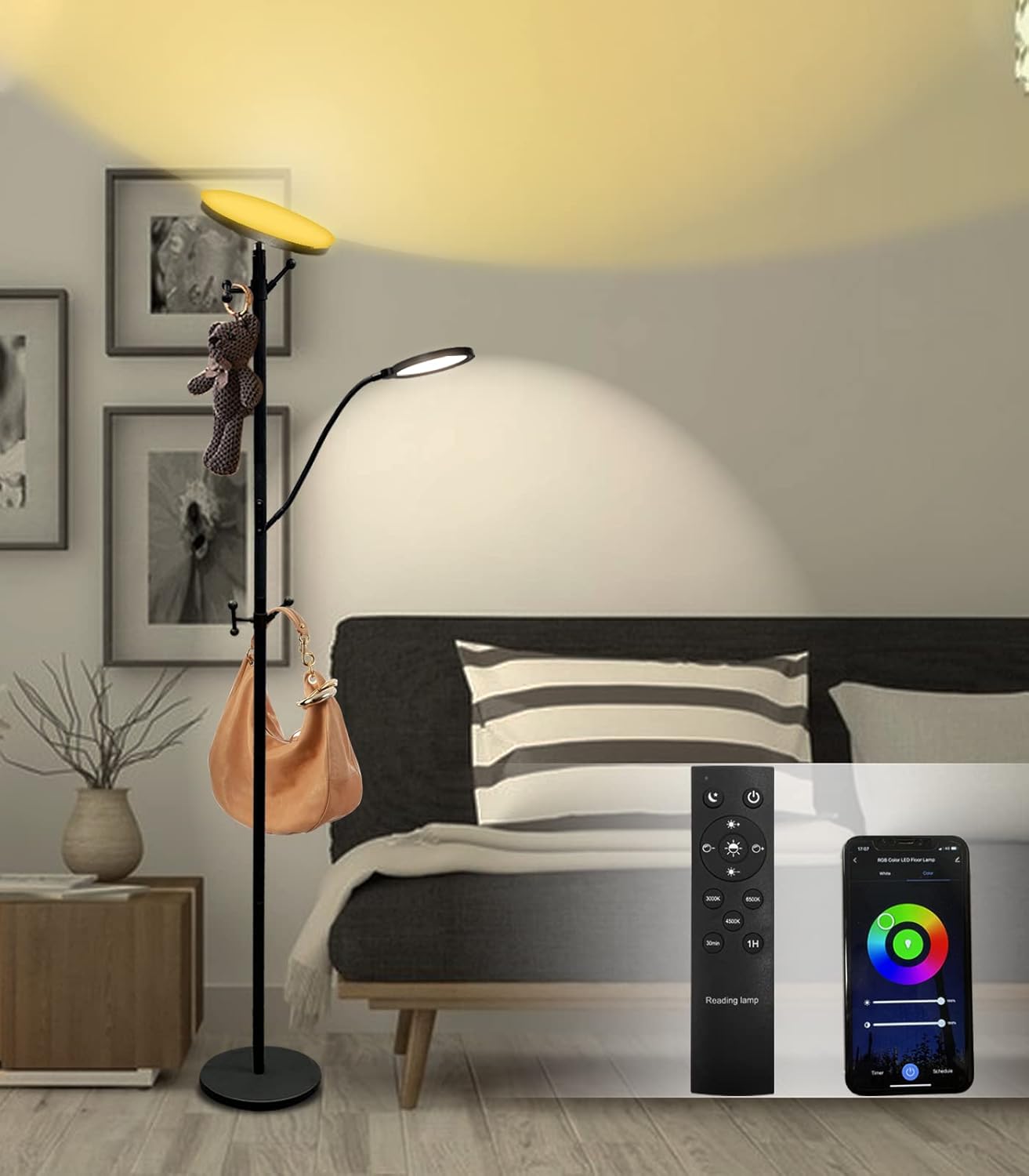 Lámpara de pie inteligente RGB, lámpara de sala de estar, lámpara de ropa y sombrero, lámpara de pie LED luz principal y lámpara de lectura lateral,