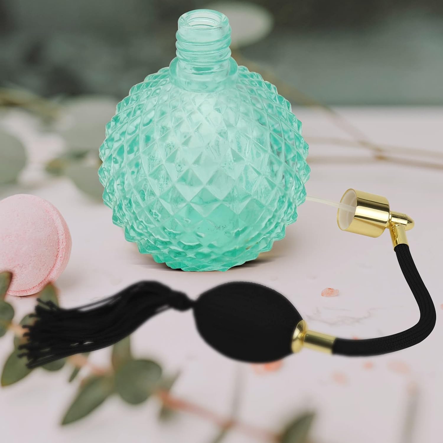 HEALLILY Botella de perfume vintage de cristal de 3.4 fl oz recargable con bolsa de aire de borla larga, recipiente de vidrio vacío transparente