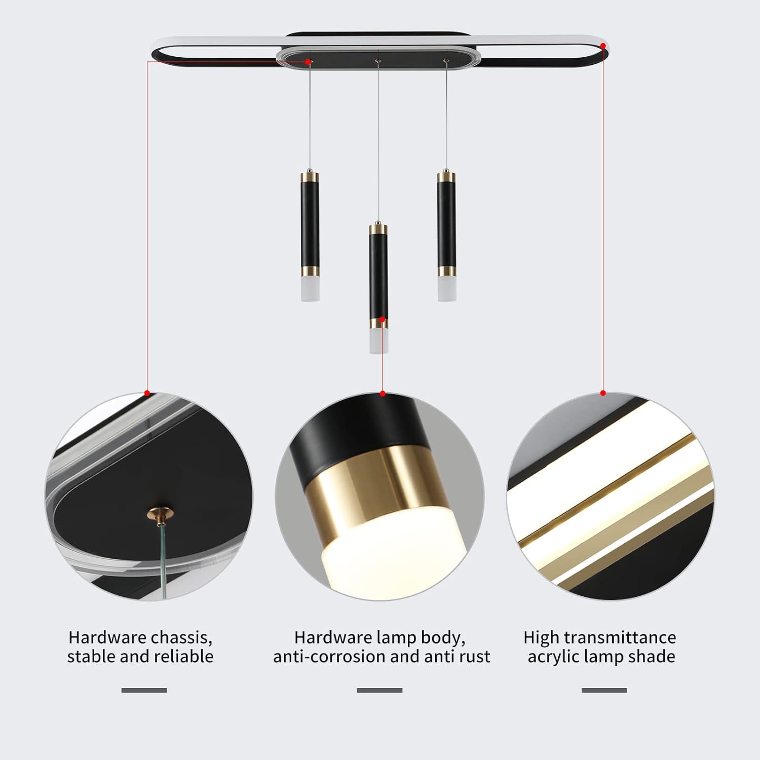 Jaycomey Lámpara LED moderna, lámpara colgante de techo de acrílico regulable de 3 luces con control remoto, lámpara de comedor interior para