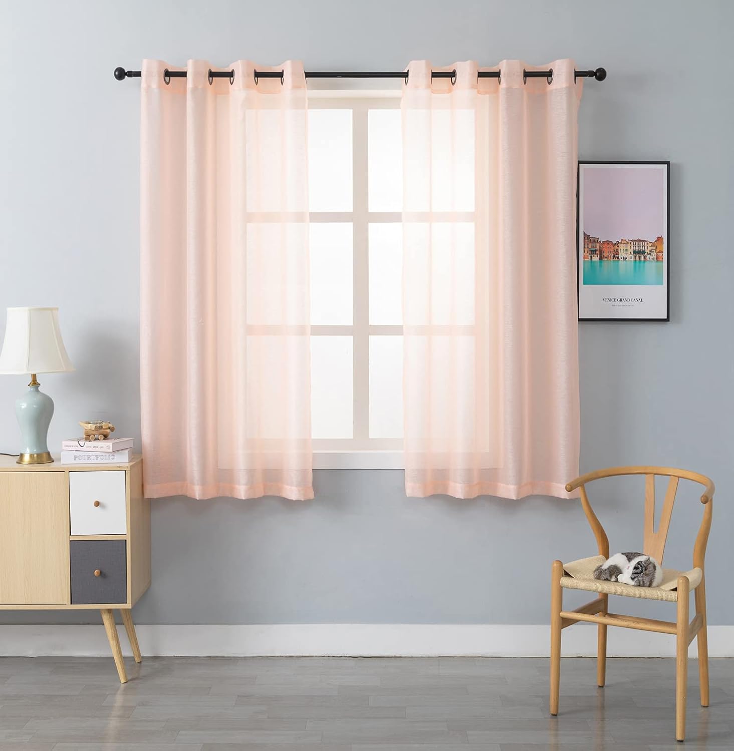 WPM – Paneles de cortinas traslúcidas para ventana, color rosa rubor, cocina, habitación de los niños, cortinas de gasa semi lisa con ojales, para