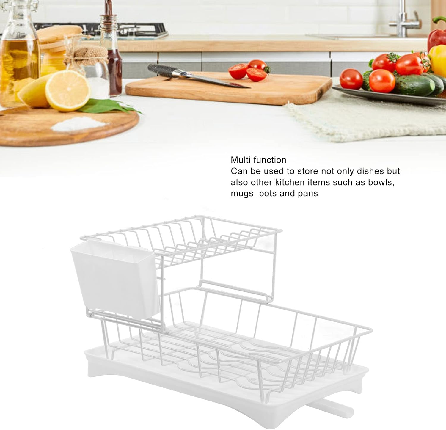 Escurridor de platos para encimera de cocina, 2 niveles con soporte para tazas, escurridor de platos con escurridor, soporte para utensilios de gran