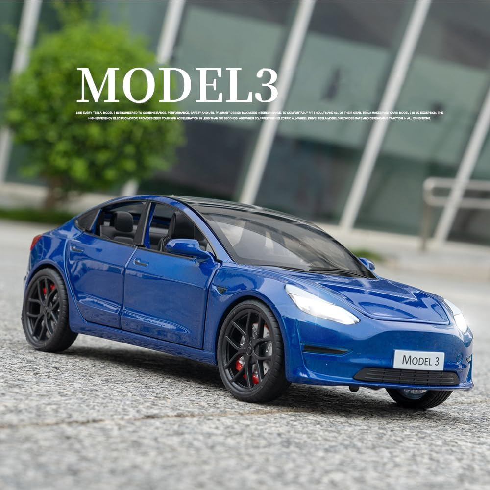 Coches de juguete a escala 124 compatibles con el modelo 3, autos de metal fundido a presión con luzsonido, juguetes de auto para niños y niñas de 3