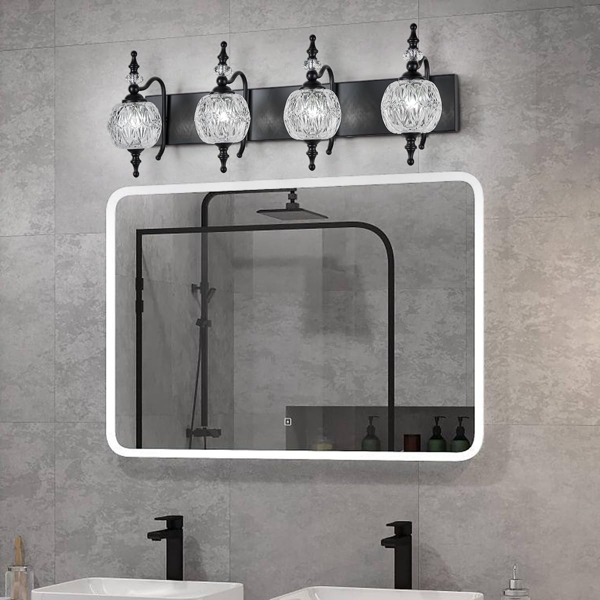 TLOLGT 4 luces negras para tocador de baño, modernas luces pintadas de superficie negra con pantalla de cristal grueso, apliques de pared para baño