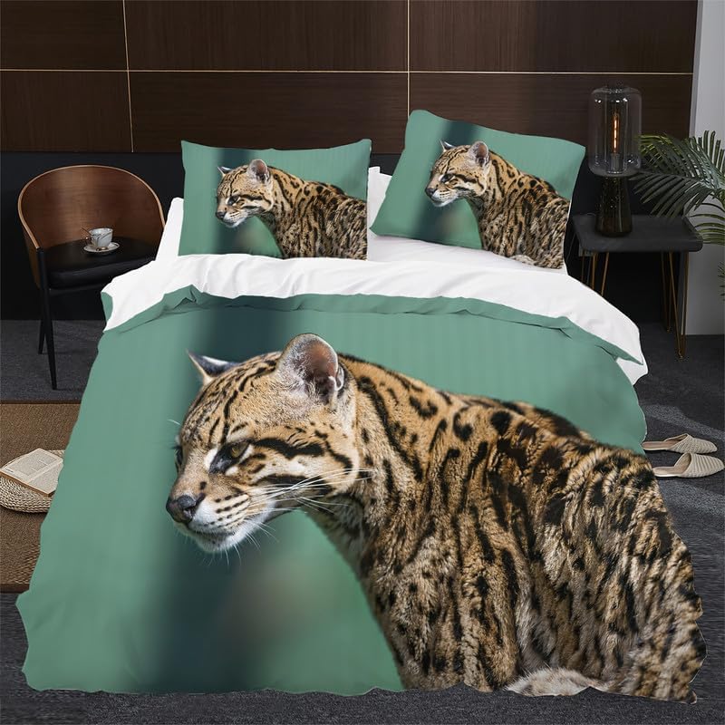 Juego de funda de edredón tamaño individual de ocelote verde lago, juego de ropa de cama individual con estampado de animales, funda de edredón de