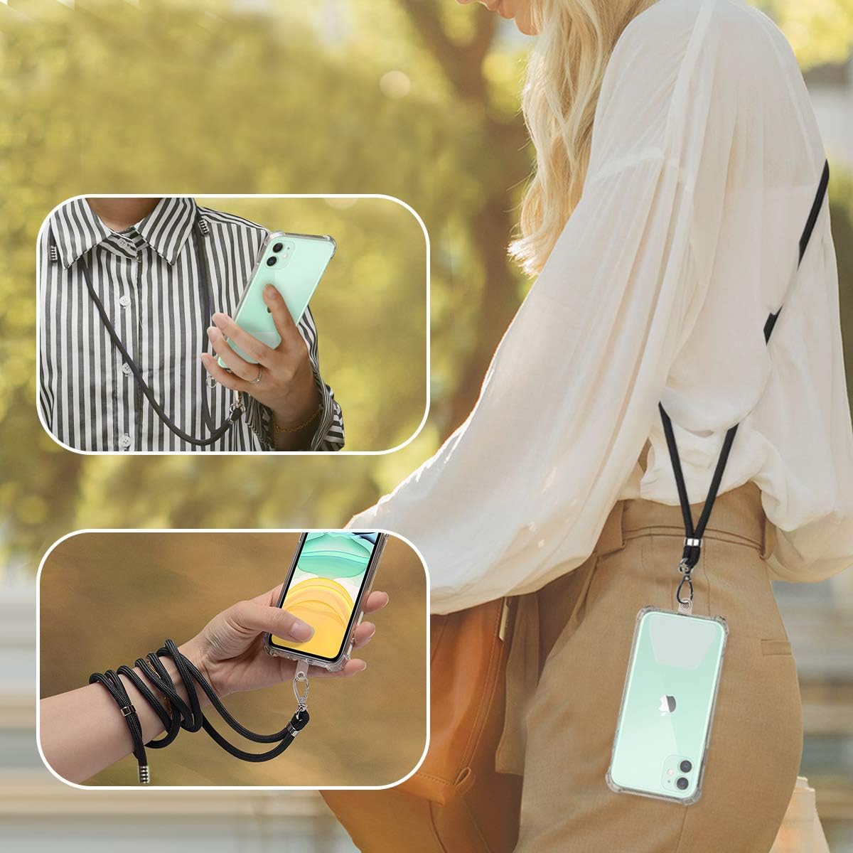 takyu Cordón para teléfono, paquete de 2 cordones para el cuello y 4 almohadillas transparentes, cordón universal de nailon cruzado para teléfono