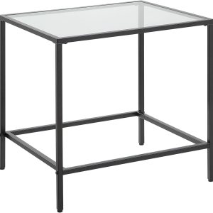 CAWS Mesa auxiliar negra de 22 pulgadas de ancho, mesa auxiliar rectangular de vidrio templado con marco de metal negro, mesa decorativa, mesita de CAWS Mesa auxiliar negra de 22 pulgadas de ancho, mesa auxiliar rectangular de vidrio templado con marco de metal negro, mesa decorativa, mesita de