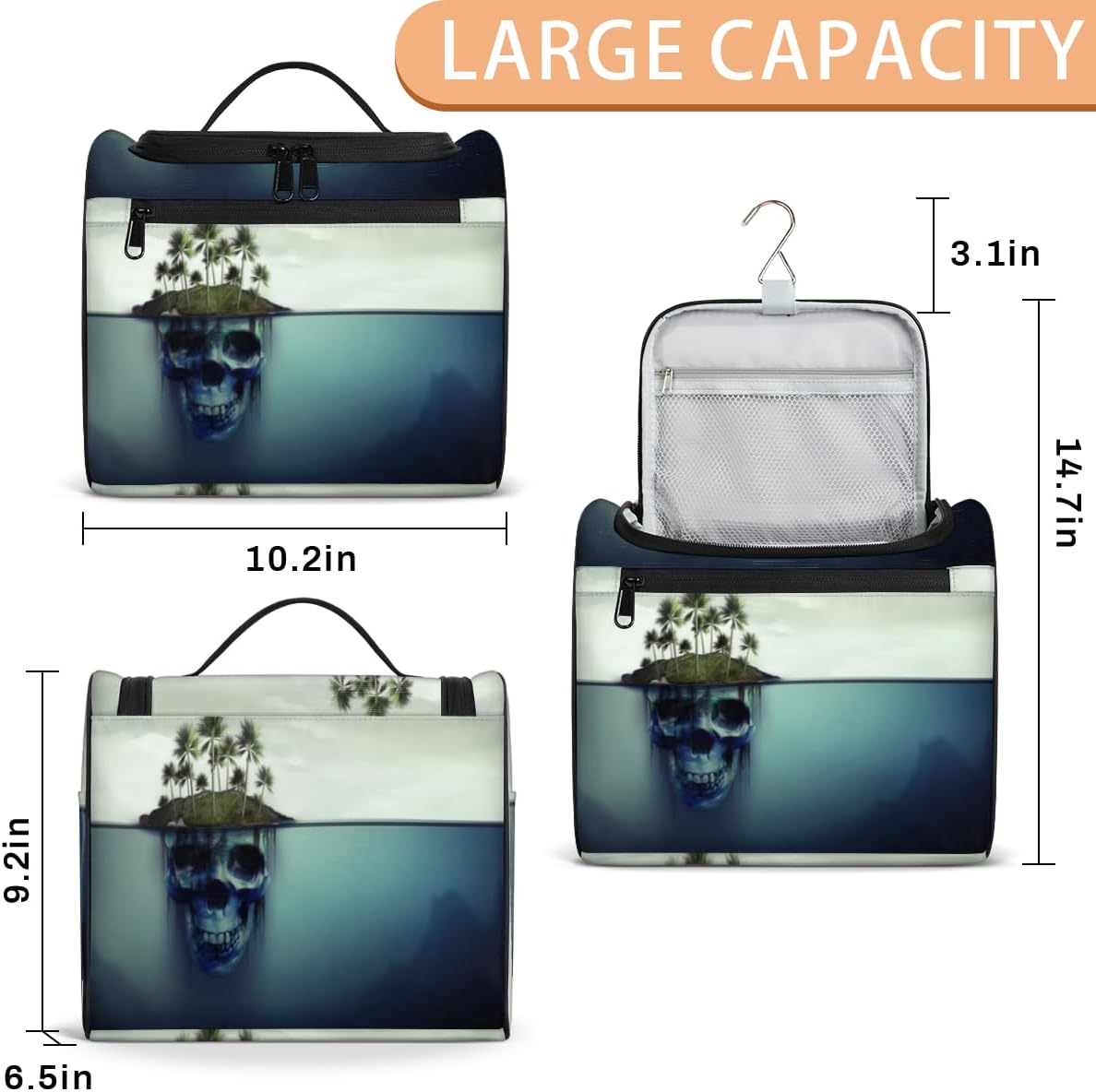 Skulls Halloween Theme Toiletry Bag for Women Travel Makeup Organizer with Hanging Hook Traveling Cosmetic Bags for Toiletries Accessories