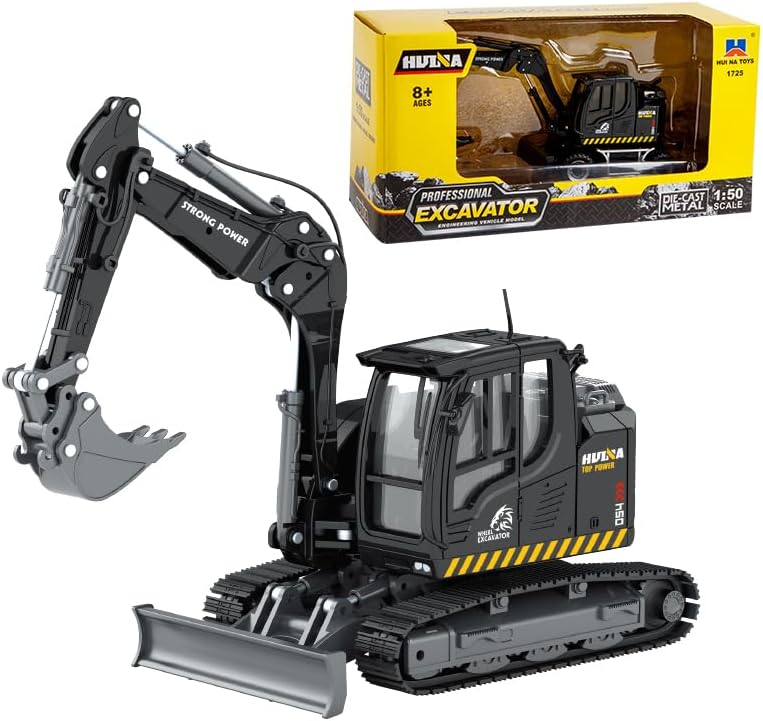 Gemini & Genius – Excavadora negra con orugas, juguete de construcción de excavadora a presión a escala 150, modelo de vehículo con giros de cabina