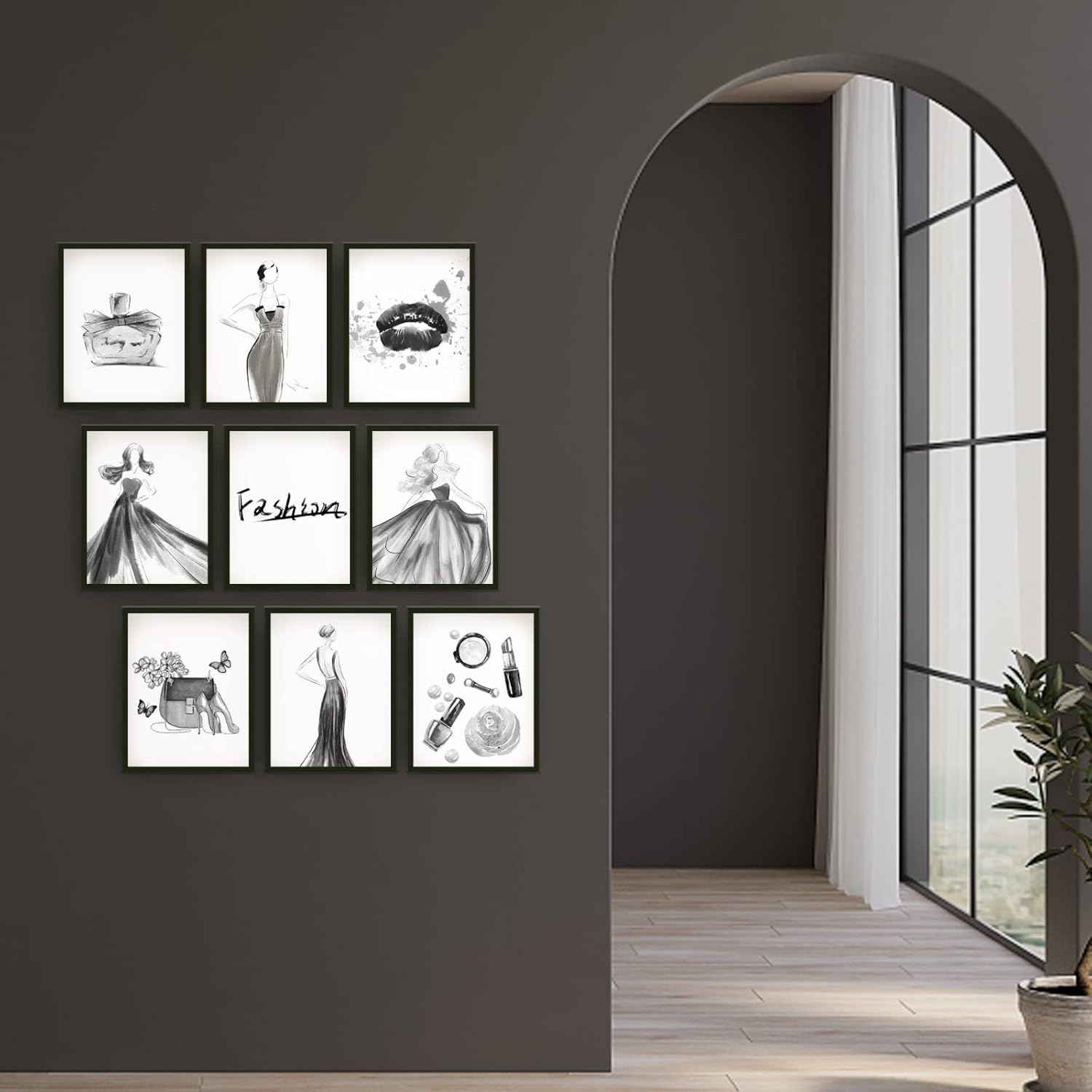 PLIGREAT 9 impresiones de pared de moda para mujer, decoración de pared en blanco y negro, pintura de pared moderna sin marco, impresión de lienzo