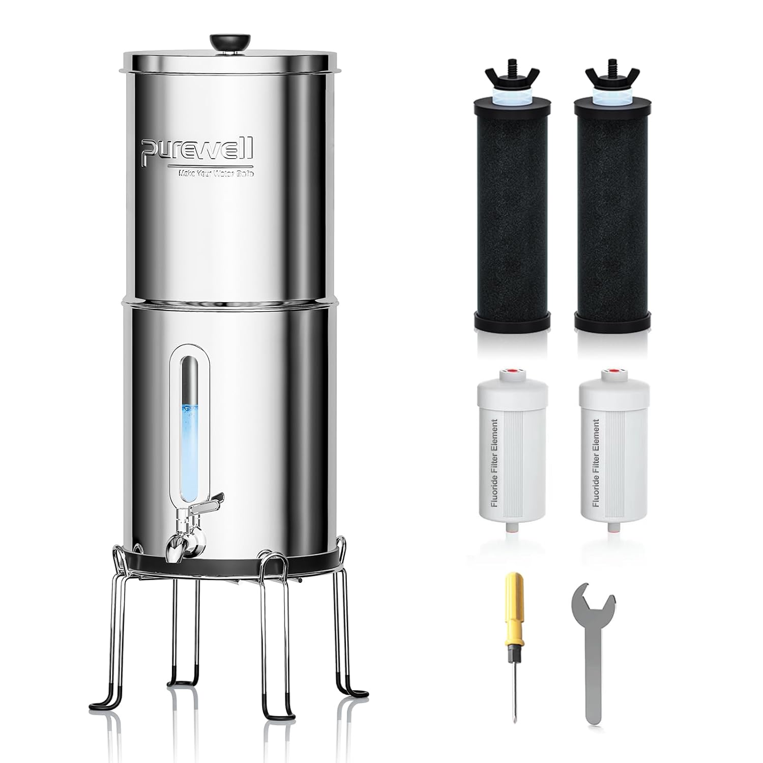 Purewell Sistema de filtro de agua por gravedad de 2.25 G con ventana de nivel de agua, sistema de encimera de acero inoxidable de ultrafiltración