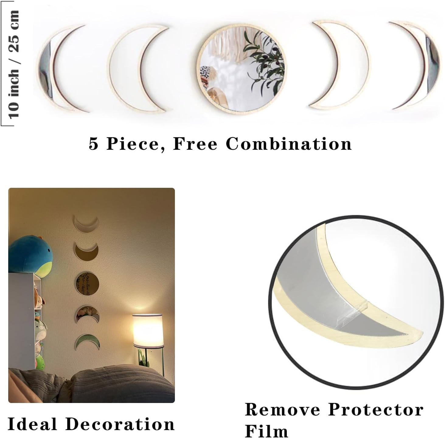 Kondec Juego de 5 espejos de fase lunar espejo escandinavo natural para decoración de pared, espejo estético de decoración bohemia para sala de