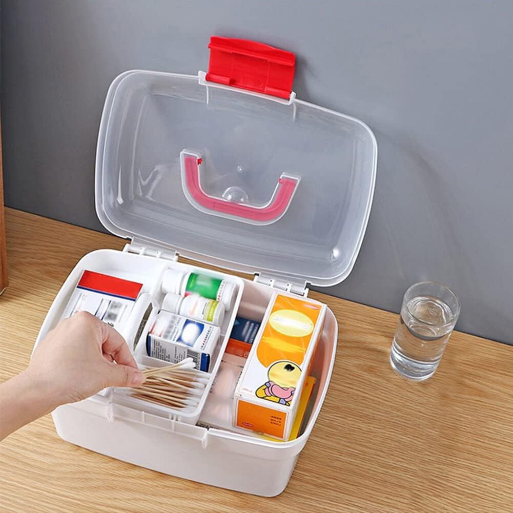 Caja médica, Caja vacía transparente de primeros auxilios con mango portátil, caja de almacenamiento de doble capa caja de píldoras de plástico
