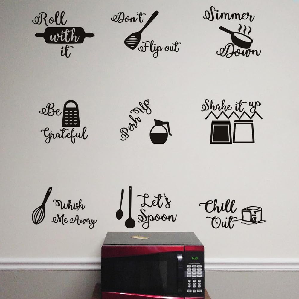 Calcomanías de pared con citas de cocina, 9 unidades, calcomanías Roll It Let’s Spoon, utensilios de cocina negros, arte de pared para cocina,