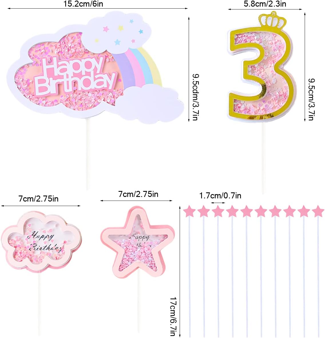 Juego de decoración de pastel de tercer cumpleaños para bebé niño con nubes de arco iris, estrellas, palillos para tartas de tres años, suministros