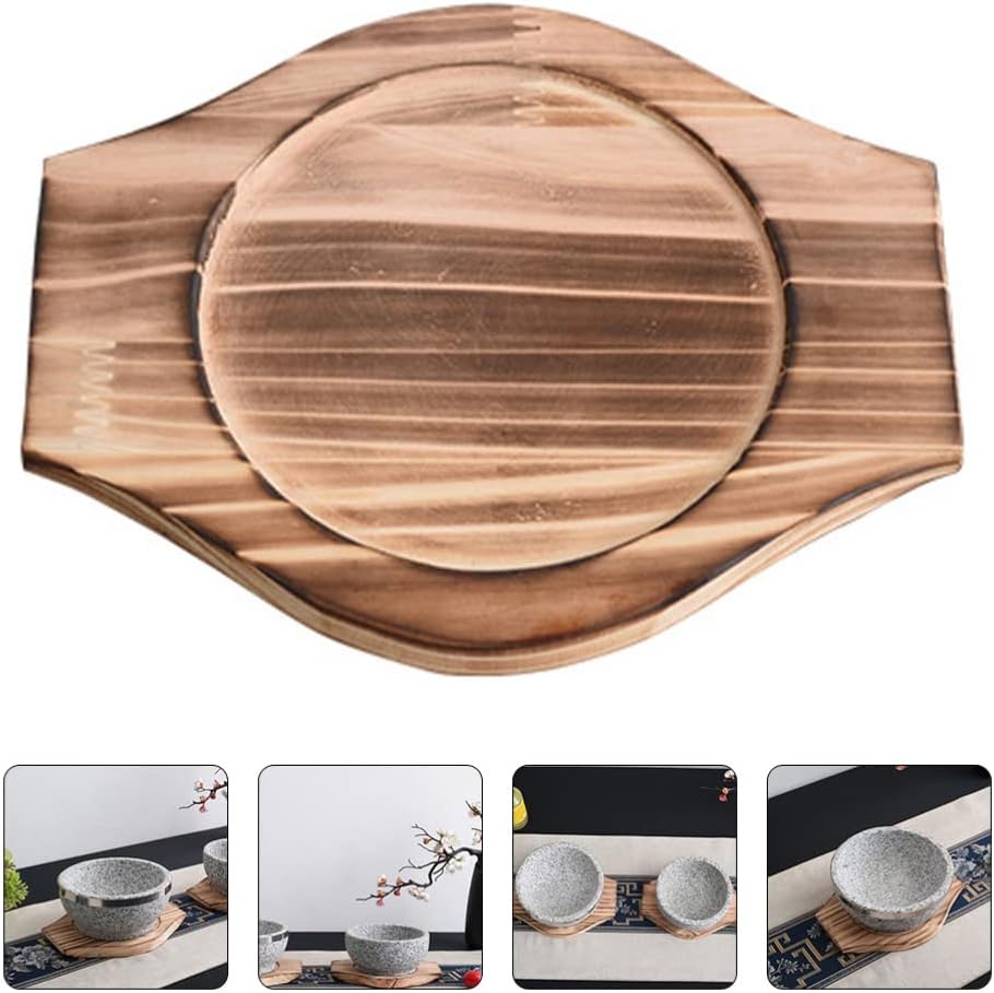 2pcs Dolsot Coreano Piedra Tazón Base de Madera Bibimbap Bowl Madera Mat Hot Pot Trivet Underliner Cacerola Pot Bandeja Posavasos para el Hogar