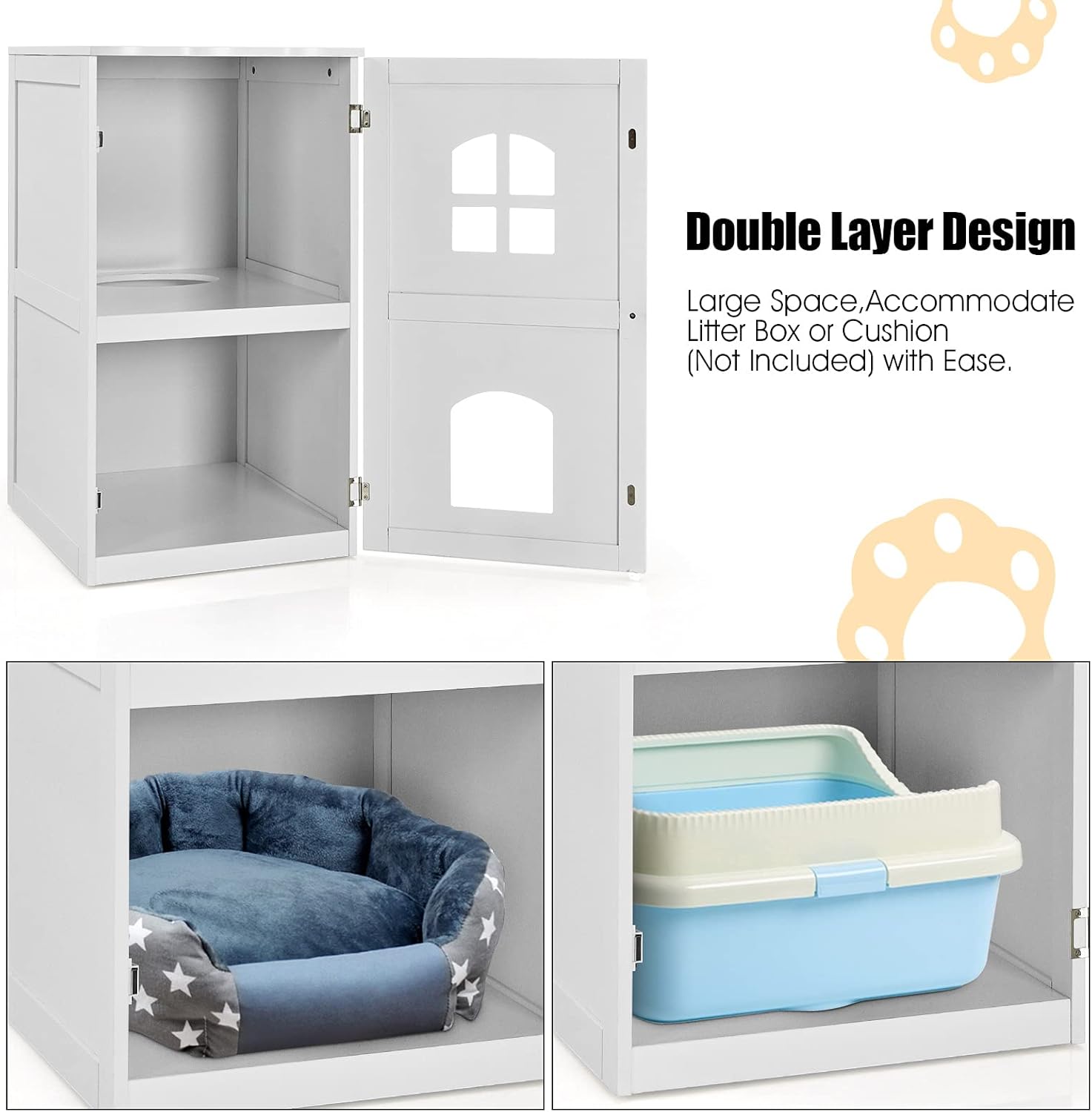Tangkula Caja de arena para gatos, casa decorativa para gatos de 2 niveles con 2 ventanas ventiladas, mesita de noche interior, casa para mascotas,