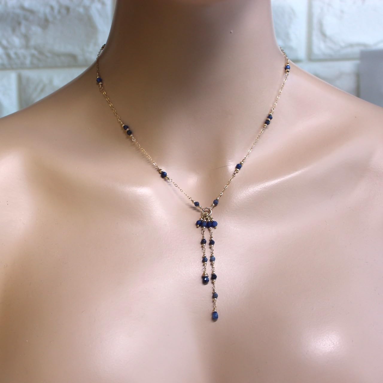Blue Sapphire Lariat 14K Gold Filled Chain Tassel Necklace, Y Delicate Chain Necklace. Gifts for Women (17″ + 2.5″ extender, 925 sterling silver)