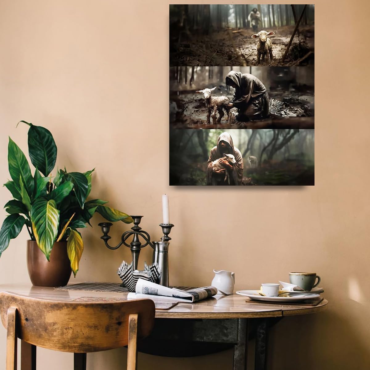 Jesus Paintings – Póster decorativo de satén con retrato de The Good Shepherd, decoración de pared religiosa para el hogar, dormitorio, 24 x 30