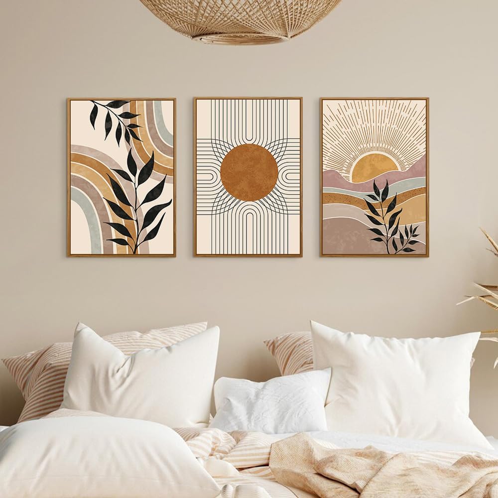 HPINUB – Lienzo enmarcado bohemio para pared, juego de 3 decoración de pared moderna de mediados de siglo, plantas naturales, pinturas artísticas