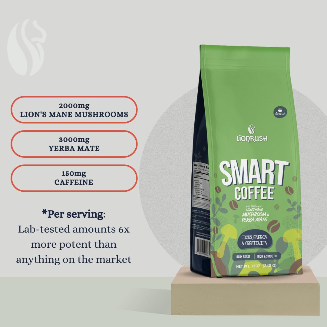 Lion Rush – Café Yerba Mate con hongo melena de león – Tostado oscuro molido mejorado – Aumenta la energía, la concentración y la creatividad – Bajo