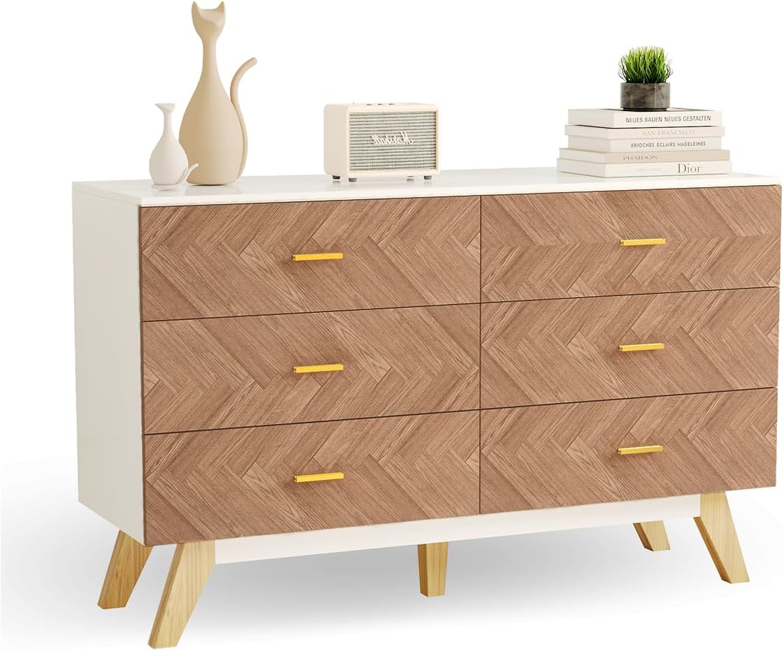 KOZIDO Cómoda de madera con 6 cajones profundos, 6 cómodas dobles, armario de almacenamiento moderno para dormitorio, sala de estar, pasillo,