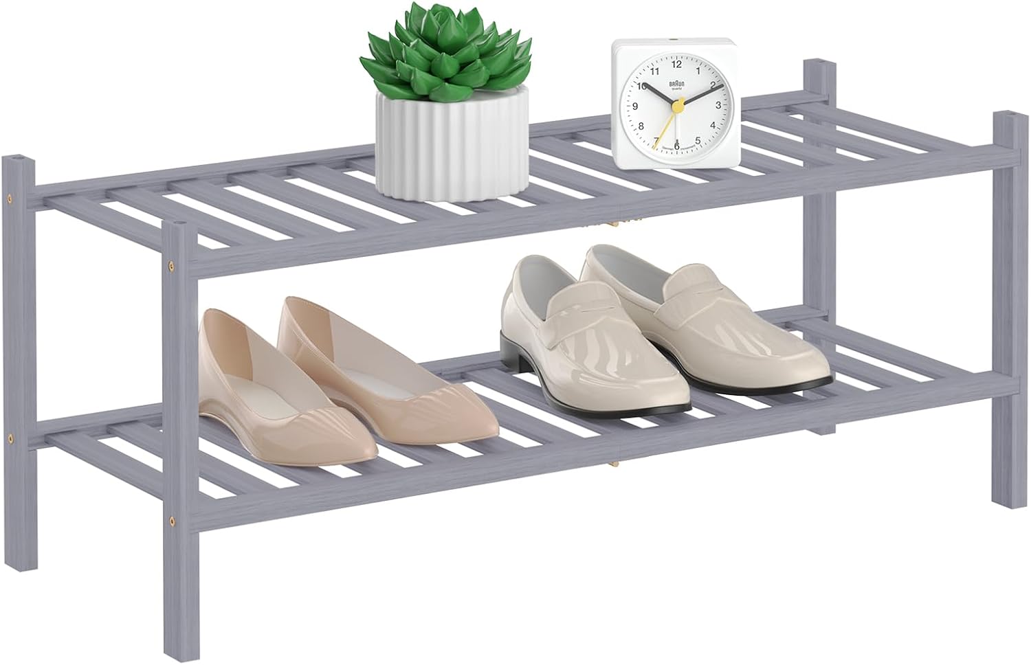 Zapatero de bambú natural de 2 niveles, estante de almacenamiento apilable con combinaciones multifunción, zapateros independientes para una cómoda
