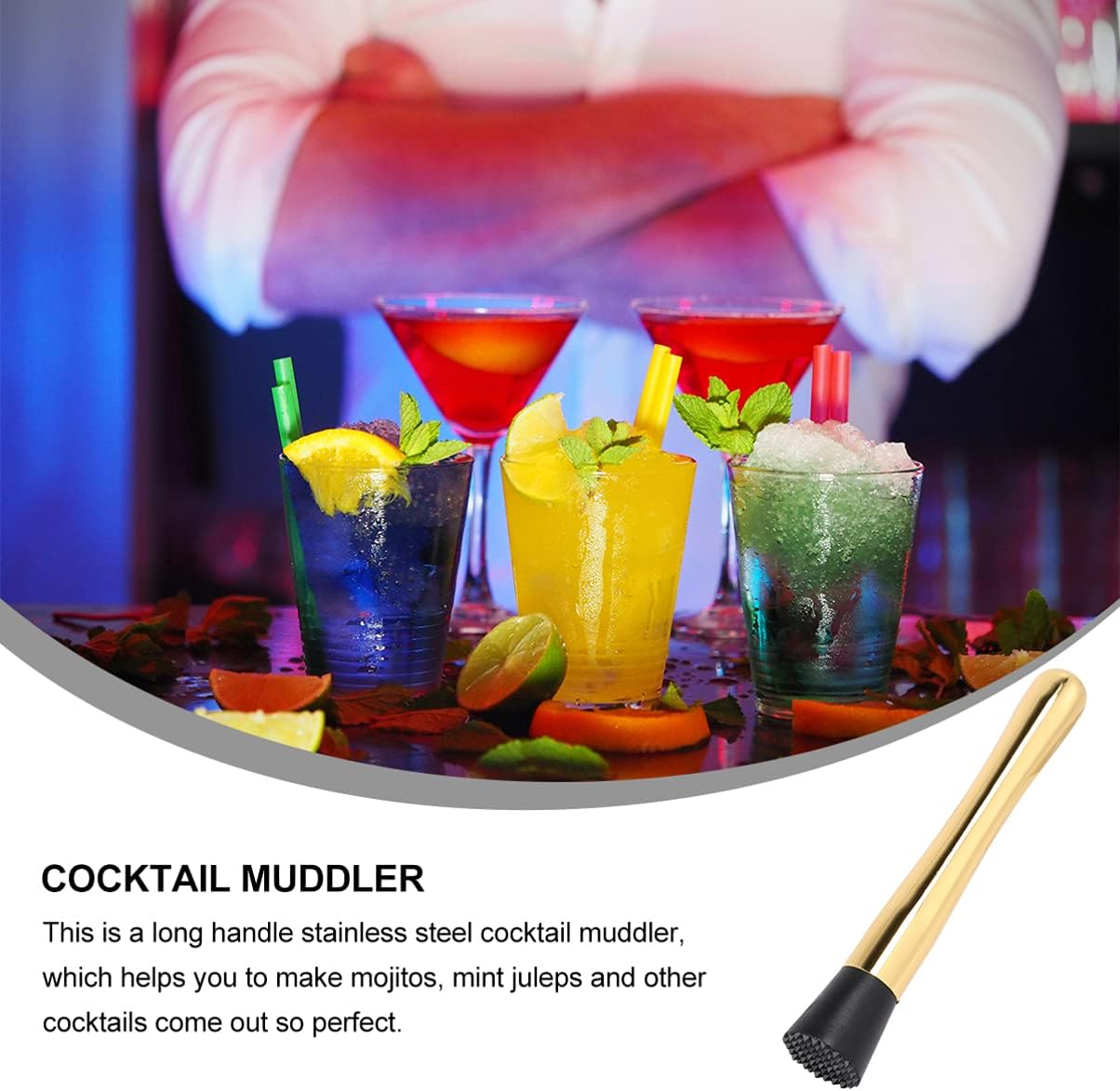 DOITOOL Herramientas de cóctel de acero inoxidable para cócteles triturados con agarre antideslizante suave para Mojito Cóctel Limón Fruta Cubo de