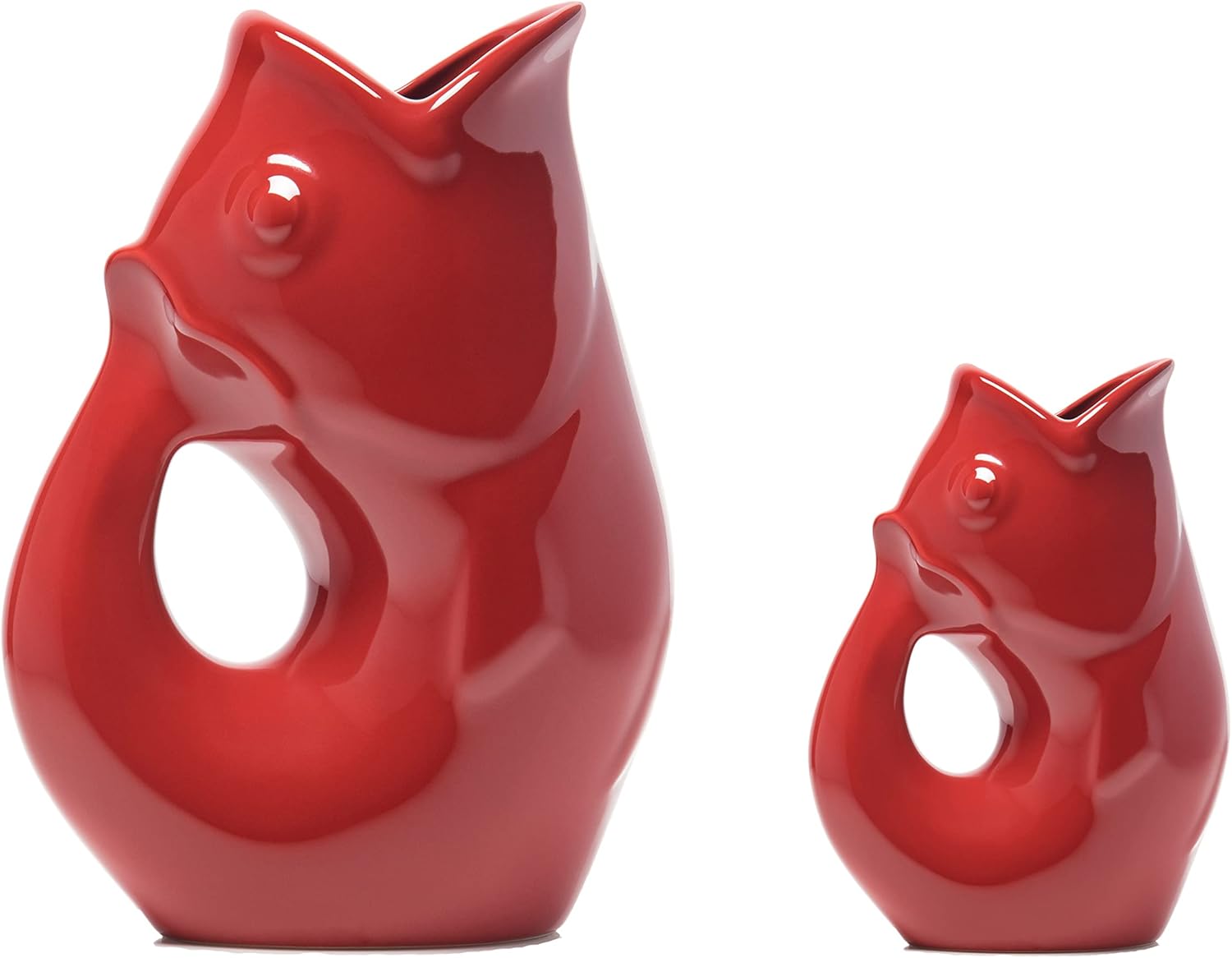 Gurgle Pot Jarra de pescado, juego de 2, rojo urbano, diseño de inspiración francesa, jarra grande de 42 onzas con crema a juego de 3 onzas, vajilla