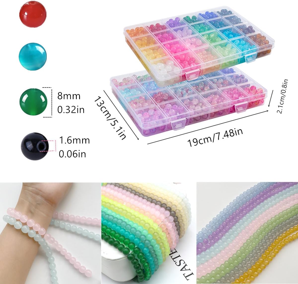 2 Pack More Than 1300PCS Round Glass Beads for Jewelry Making,48 Colors 8mm Crystal Beads for Bracelets Jewelry Making and DIY Crafts, 2 Box Round