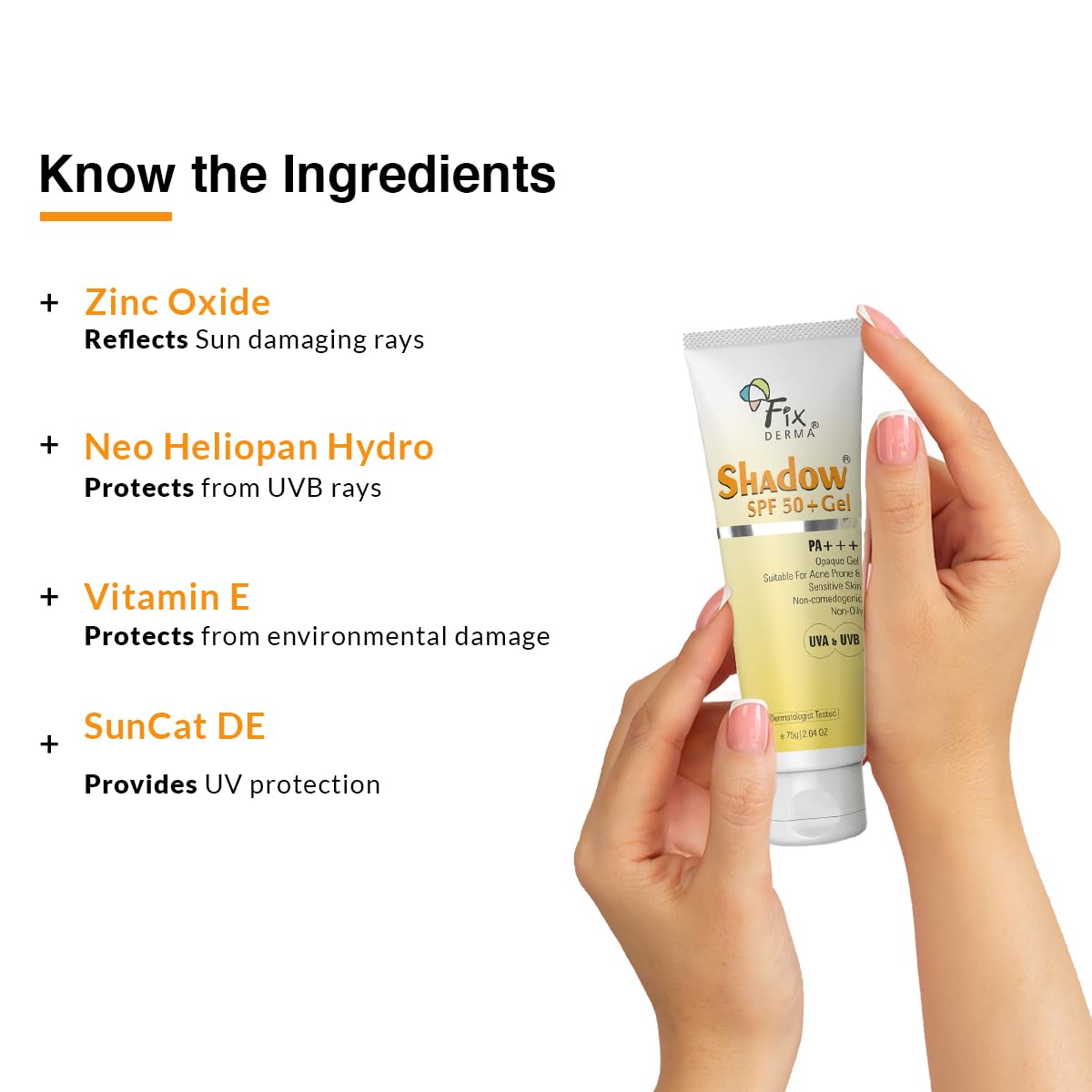 Fixderma Shadow SPF 50+ Gel, protector solar de dióxido de titanio y óxido de zinc  Protector solar para cara  Protector solar SPF 50 y protector
