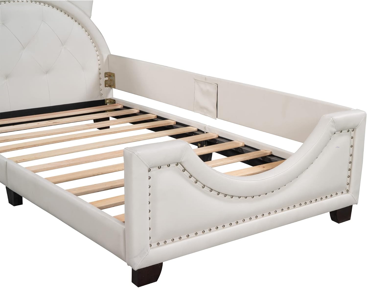 Cama individual tapizada blanca con cabecero copetudo en forma de orejas, base de cama de plataforma baja con rieles para niños, niñas, niños y