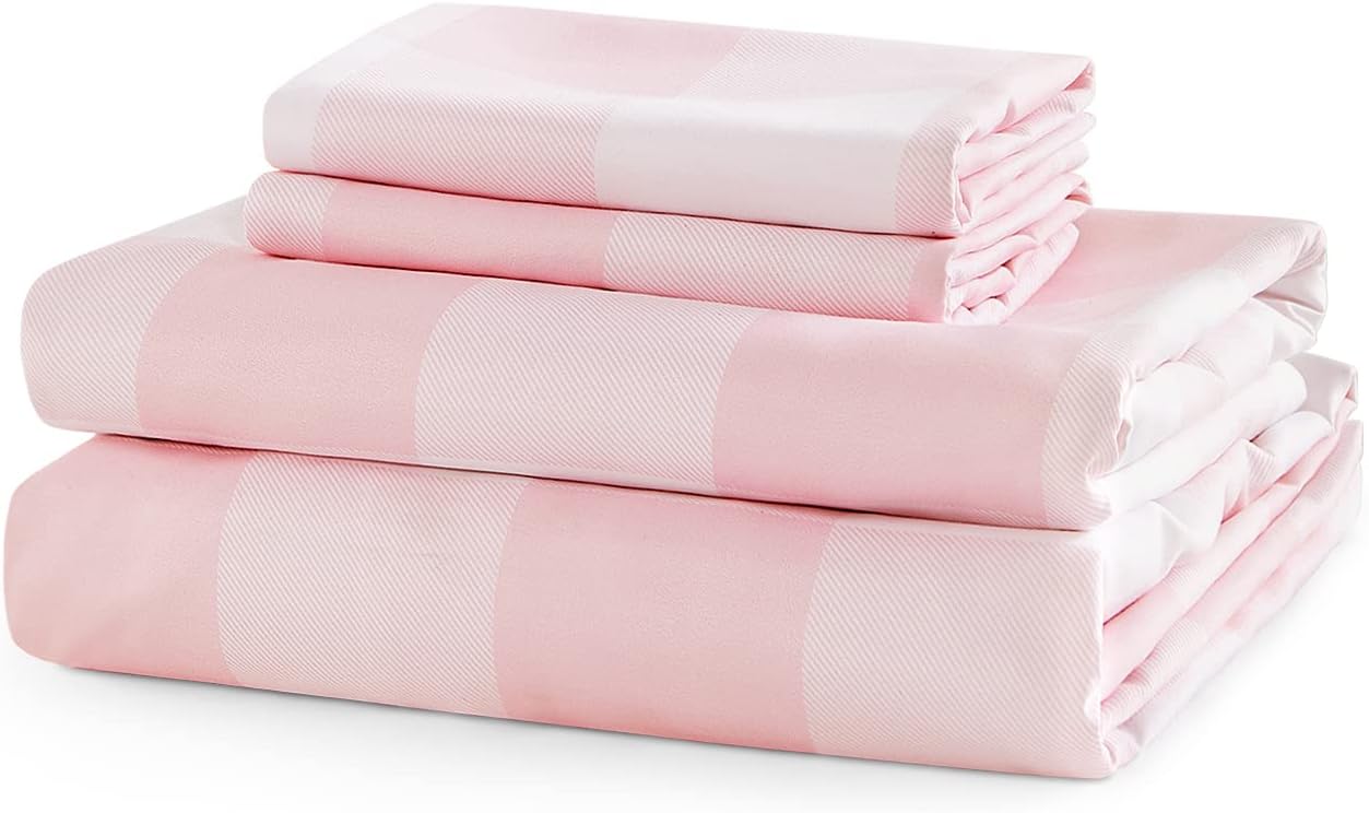 Wake In Cloud – Sábanas de cama tamaño King, juego de sábanas encimeras bajeras de 4 piezas, bolsillo profundo, lindo rosa rubor blanco a cuadros