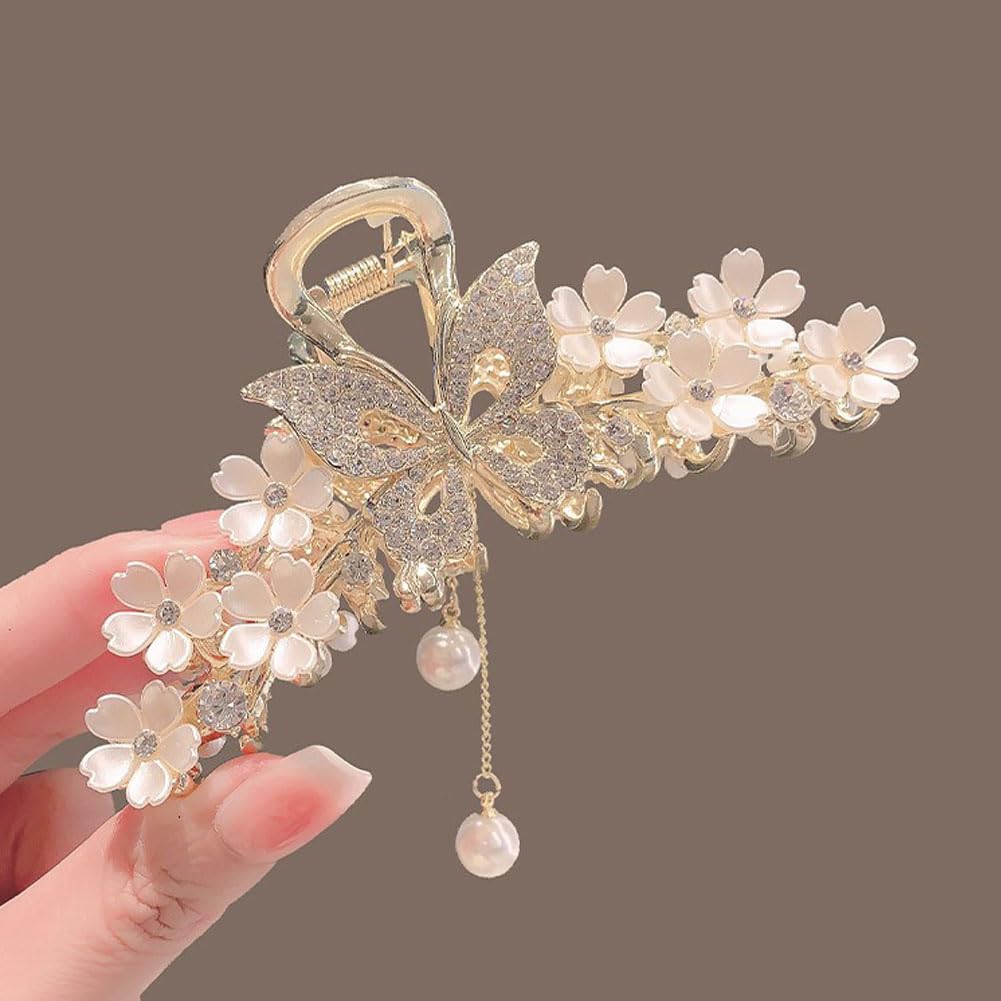2 pinzas grandes de metal para el cabello, con diseño de mariposa y flores, borlas de flores, pinzas gruesas y largas para el cabello, pasadores,