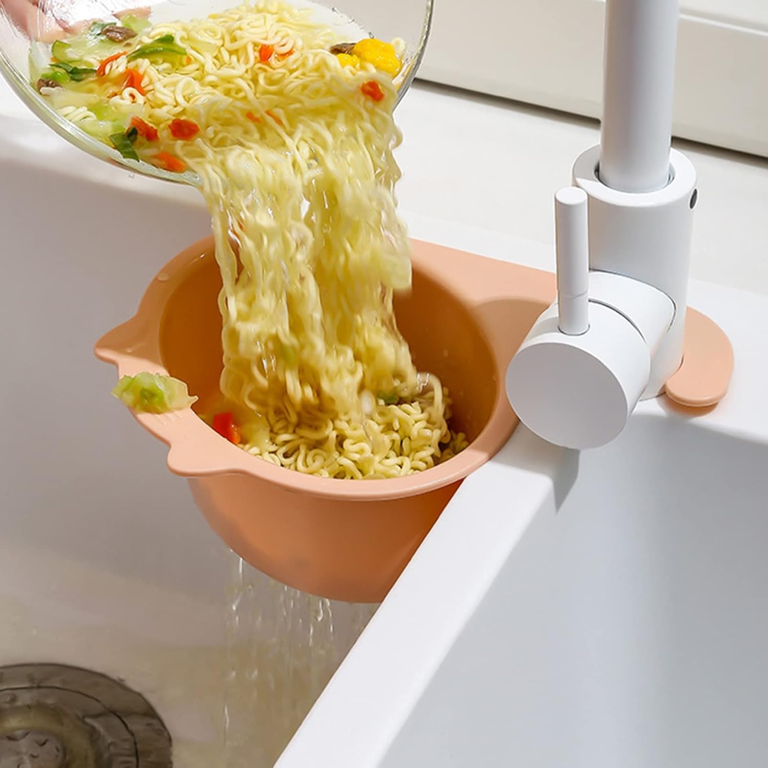 Colador para colocar sobre el fregadero, cesta de drenaje para lavar verduras y frutas, escurrir pasta cocida y platos secos, se cuelga en el grifo,