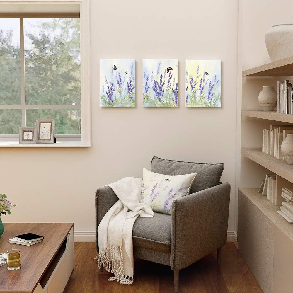 Slody Arte de pared morado con estampado de flores modernas de lavanda, cuadro floral de mariposa, paisaje de primavera, arte botánico enmarcado
