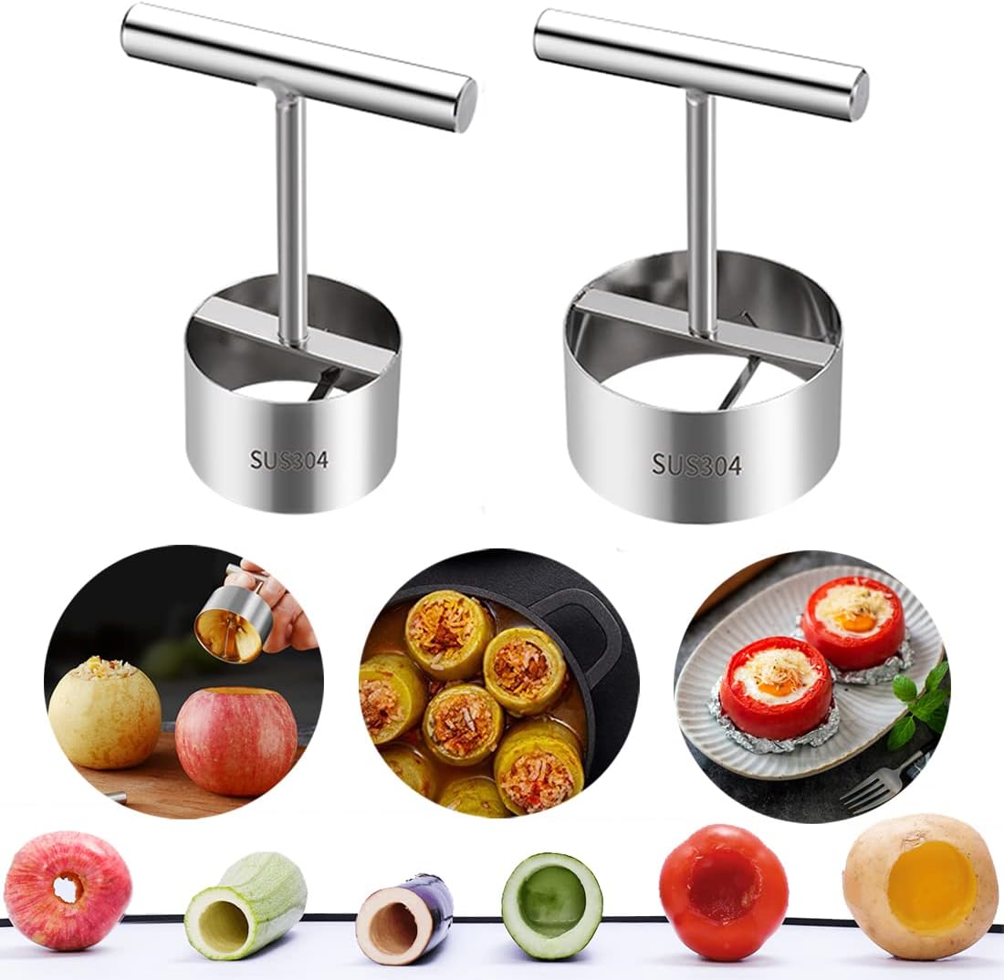 2 unidades de taladro de acero inoxidable para verduras, descorazonador de frutas, con 2 tamaños para descorazonar y ahuecar calabacines, papas,