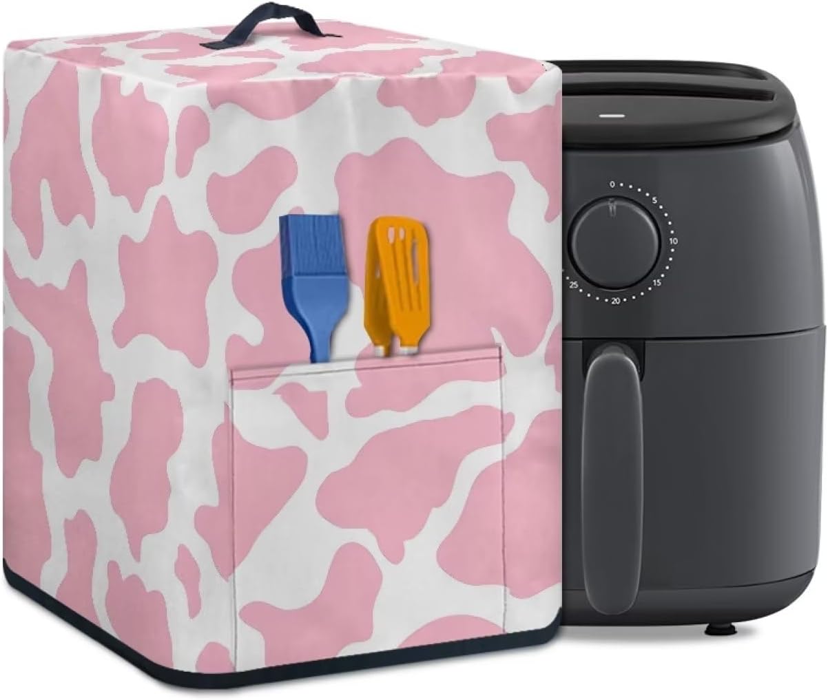 Funda para freidora de aire con estampado de vaca rosa, cubierta antipolvo para electrodomésticos pequeños con asa superior y bolsillo frontal,