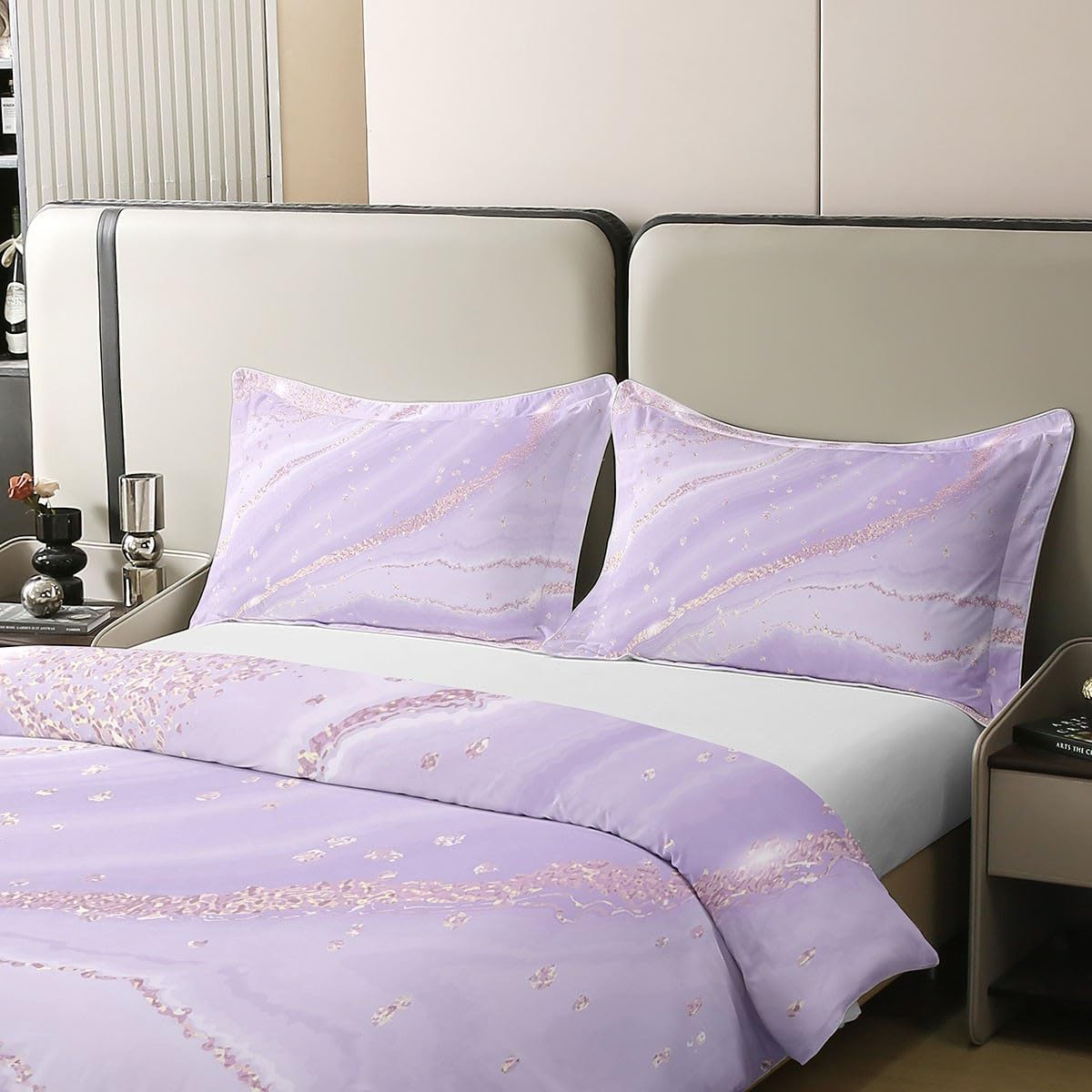 Erosebridal Juego de funda de edredón 100 % algodón de mármol morado y rosa, tamaño matrimonial, juego de ropa de cama femenina de acuarela para