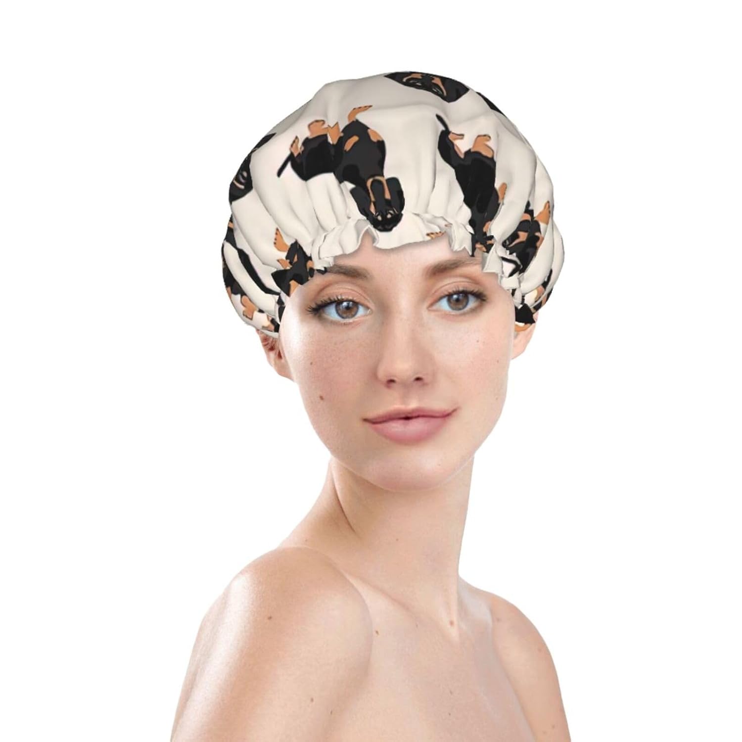 Lindo gorro de ducha de perro para mujer, elástico y reutilizable, doble capa impermeable sombrero de baño