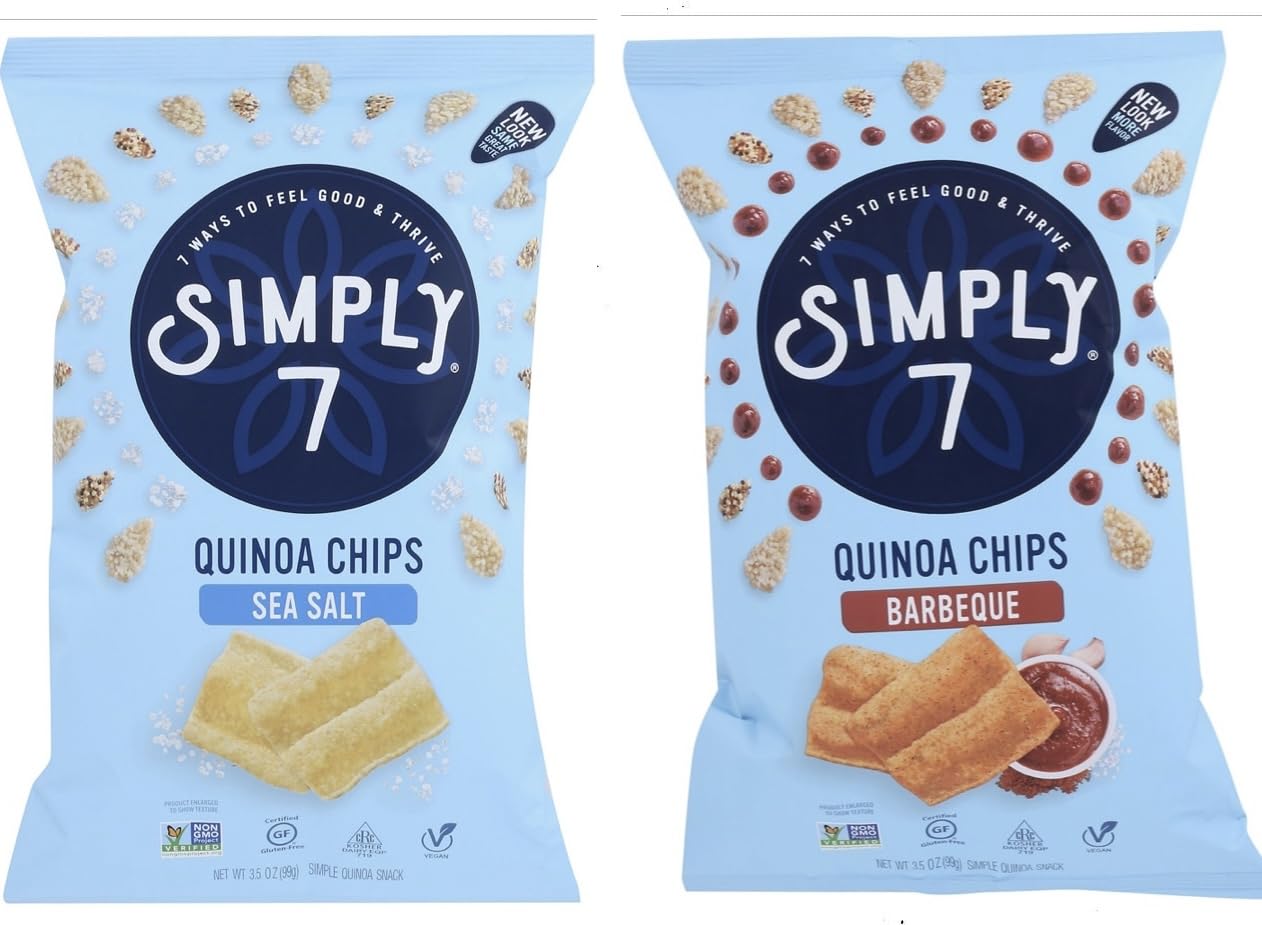 Simply 7 – Paquete de 2 variedades de chips de quinua. Pegatina GTF y barra de goma de mascar de menta verde